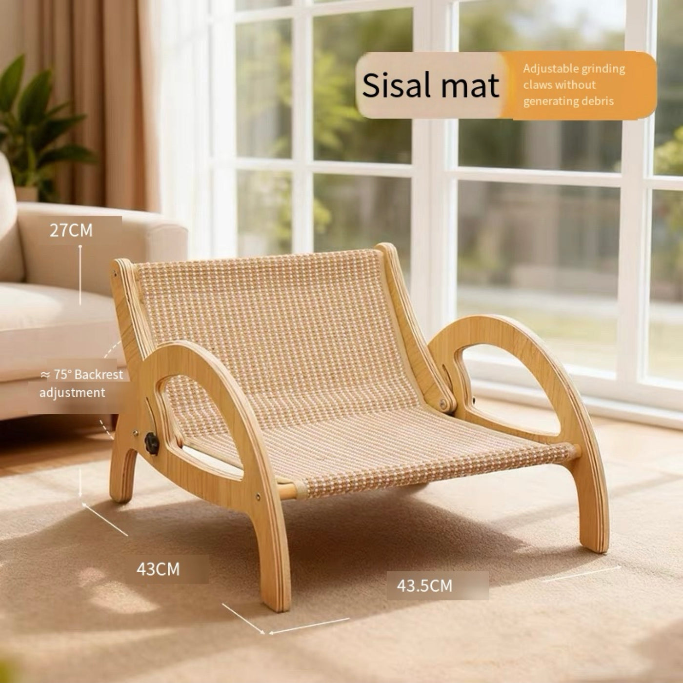 Adjustable Cat Scratcher Lounge Chair – Wooden Cat Scratching Bed with Sisal Mat